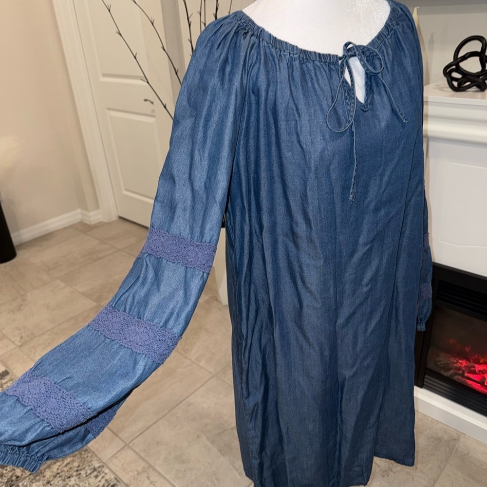 2 x 20$ Harper 241 Blue Denim Midi Dress with Tie Neck Size Medium - Picture 4 of 10